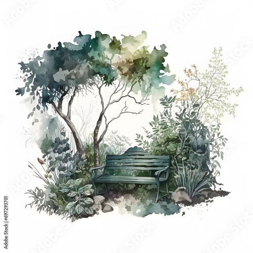 A secret corner in the summer garden. Lush vegetation, trees and grass around the bench, blooming garden, watercolor illustration isolated on a white background.