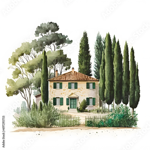 Country cottage surrounded by pyramidal poplars and cypresses photo