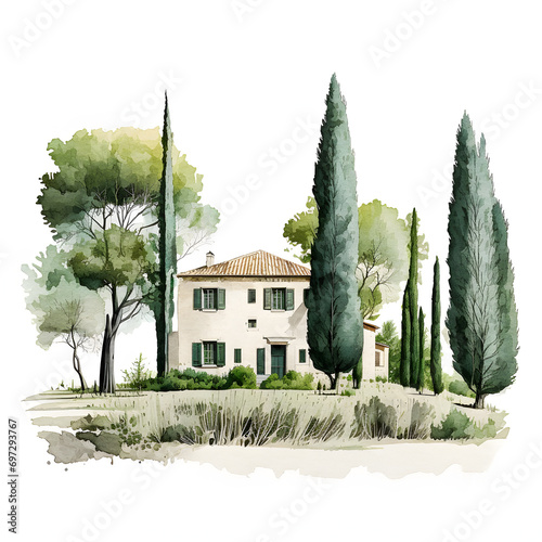 Two-storey country house in the south of Europe. Watercolor illustration isolated on white. Traditional European architecture. 