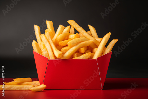 a red box filled with french fries on a red table