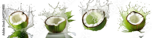 Coconut water splashing out of a fresh green coconut Hyperrealistic Highly Detailed Isolated On Transparent Background Png File