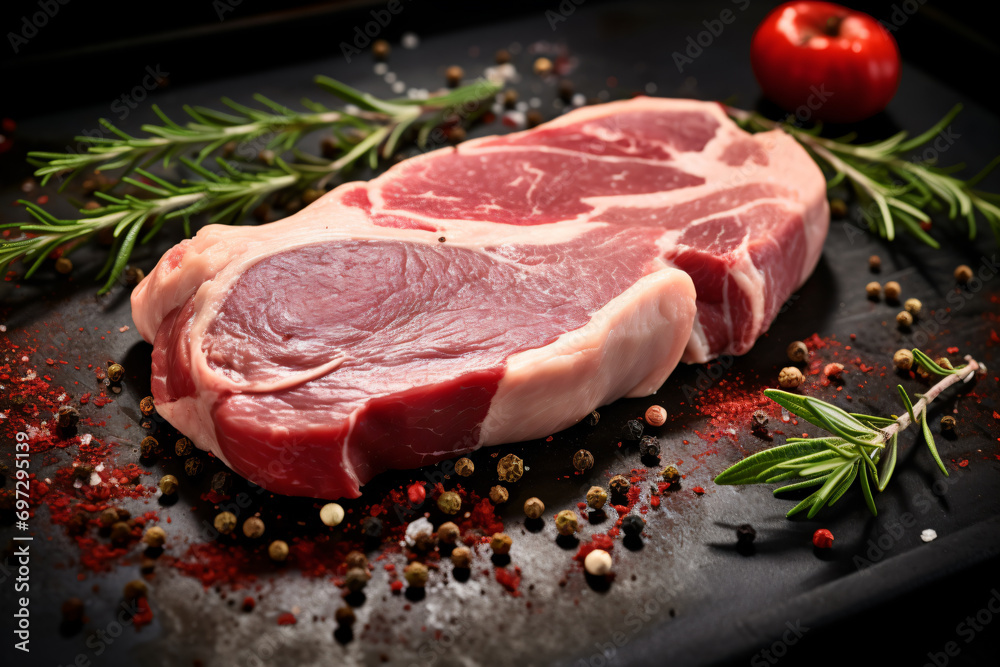 a piece of meat on a black surface with pepper and tomatoes