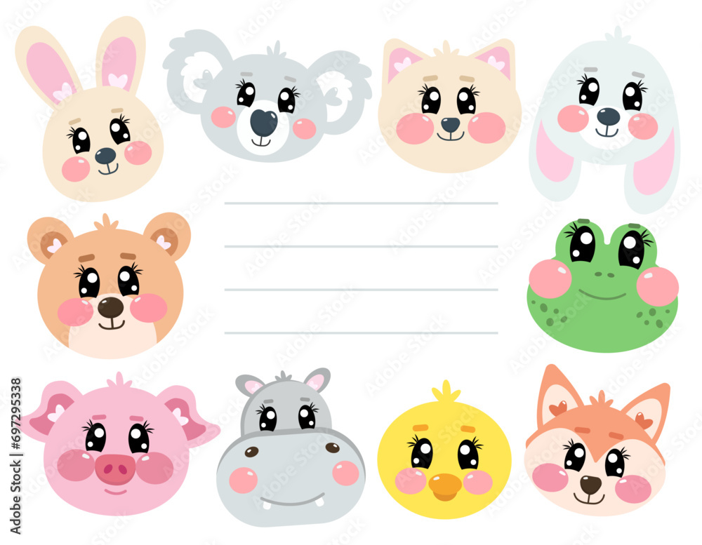 Cute animal frame with simple lines for text. Kawaii animal frame or card lined with rabbit, fox, cat, bunny, frog, chick, pig, hippopotamus, koala and bear. Kawaii animals set for baby, kids Cute animal frame with simple lines for text. Kawaii animal frame or card lined with rabbit, fox, cat, bunny, frog, chick, pig, hippopotamus, koala and bear. Kawaii animals set for baby, kids