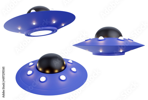 Cartoon ufo spaceship various view in colorful cute 3d style. Funny realistic spacecraft. Vivid child toy.