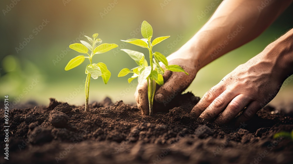 Hands planting fresh plants in spring Hands planting fresh plants in spring