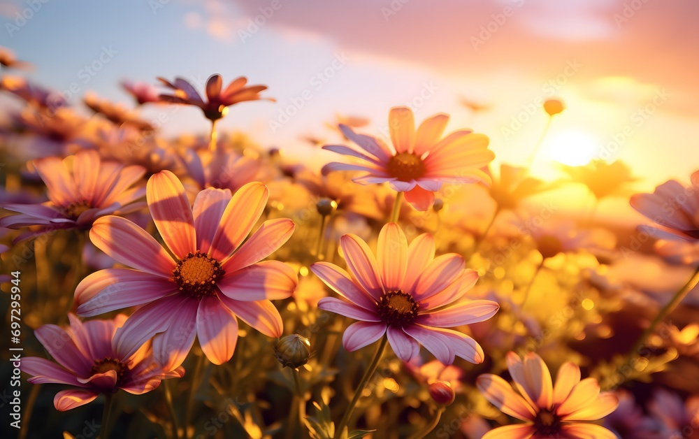sunset over a field of African daisy flowers sunset over a field of African daisy flowers