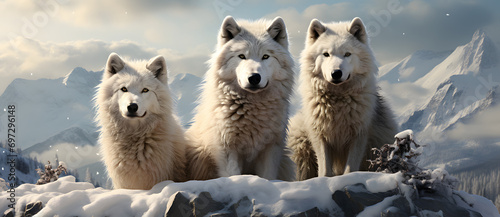 Pack of white wolves in a snowy mountain landscape photo