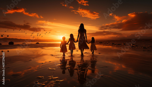 silhouette of a Mother and daughters walking on the beach at sunset