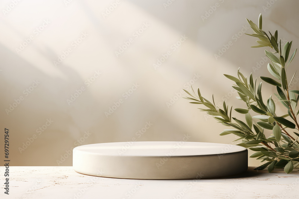 Create an attractive product presentation with our minimalist podium and olive tree branch setup, ideal for cosmetic mockups and natural product displays.