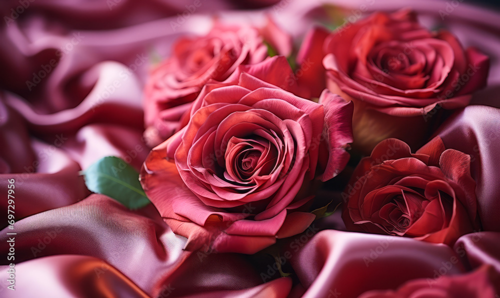 Elegant crimson satin fabric with delicate roses creating a romantic and sensuous mood, ideal for luxurious fashion or decor themes
