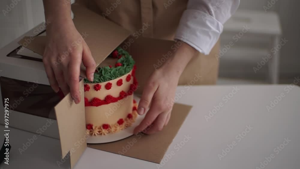 woman prepares cake and pastries. pack the cake. box and cake. slow motion video. put the cake in the box. close the cardboard box. High-quality shooting in 4K format.