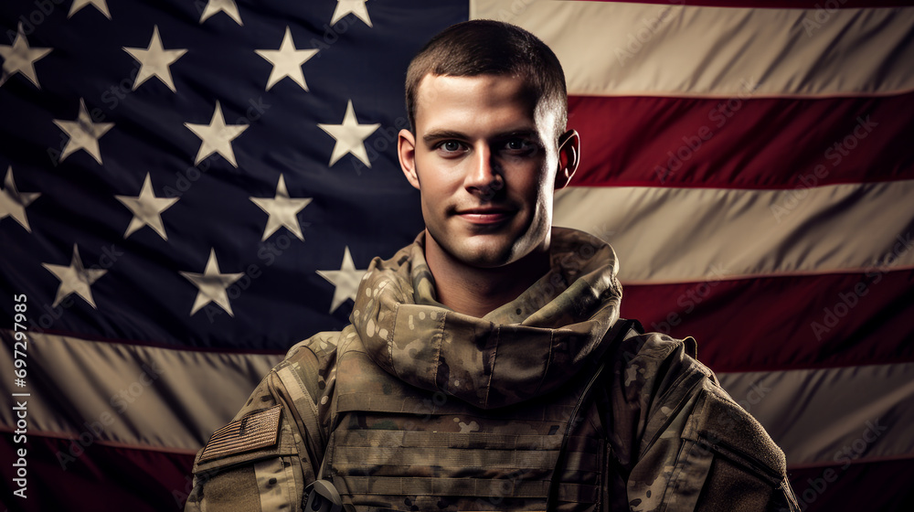 U.S. military soldiers in uniform on U.S. flag background. American President's Day, USA Independence Day, American flag colors background, 4 July, February holiday, stars and stripes, red and blue U.S. military soldiers in uniform on U.S. flag background. American President's Day, USA Independence Day, American flag colors background, 4 July, February holiday, stars and stripes, red and blue