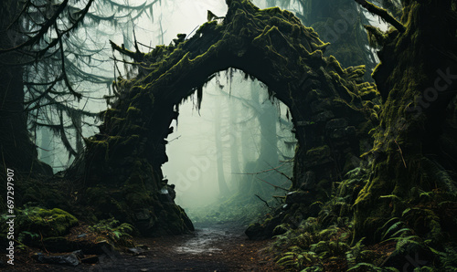 Mysterious ancient archway in a foggy, dark forest at night, evoking an eerie, suspenseful atmosphere akin to a fantasy or horror tale setting