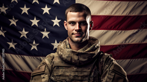 U.S. military soldiers in uniform on U.S. flag background. American President's Day, USA Independence Day, American flag colors background, 4 July, February holiday, stars and stripes, red and blue