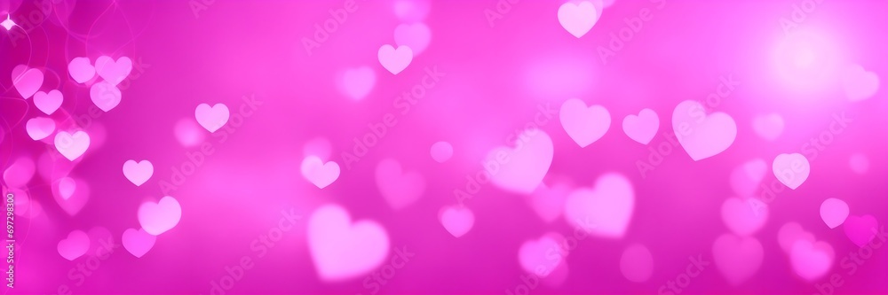 Heart shape bokeh lights on pink background banner. Pink Valentine's day backdrop with hearts. Love concept illustration.