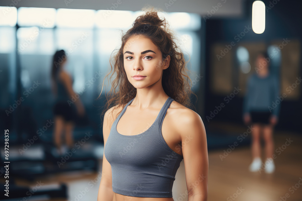 Health and wellness with this portrait of a smiling young woman in a studio gym, embodying the spirit of yoga, pilates, and fitness.