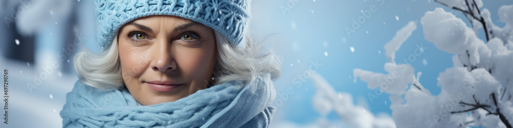 winter shot of a young pretty woman wearing a light blue hat and white sweater and scarf over white, she's looking up with an expression of surprise winter shot of a young pretty woman wearing a light blue hat and white sweater and scarf over white, she's looking up with an expression of surprise