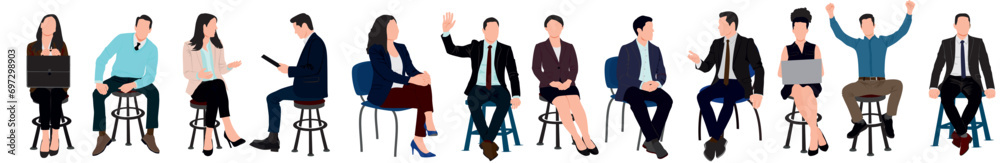 Obraz premium Diverse Business people sitting, taking part in meeting, business event. Set of Different men, women sitting on armchair, stool. Inclusive business concept. Vector illustration isolated.