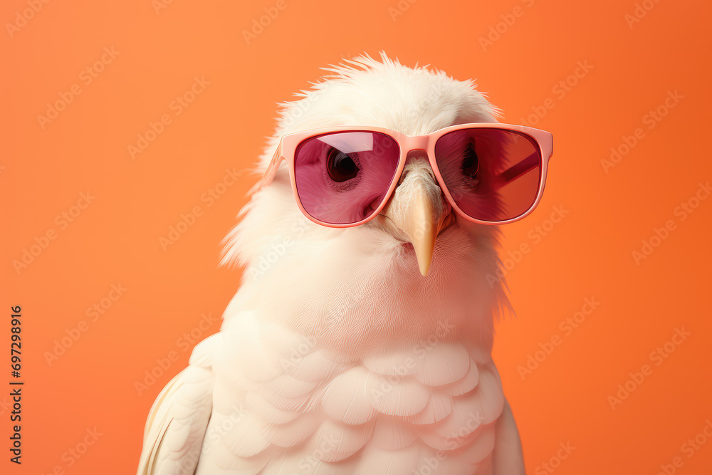 A white bird in sunglasses, set against a peach and pink pastel background, perfect for a stylish and whimsical theme. A white bird in sunglasses, set against a peach and pink pastel background, perfect for a stylish and whimsical theme.