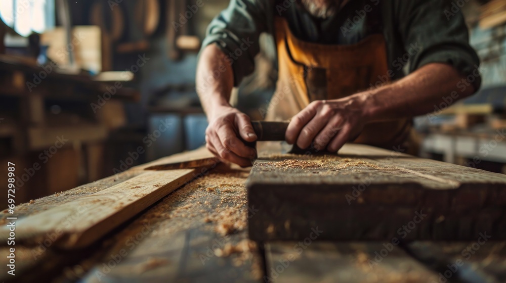 man owner a small furniture business is preparing wood for production. carpenter male is adjust wood to the desired size. architect, designer, Built-in, professional wood, craftsman, workshop. man owner a small furniture business is preparing wood for production. carpenter male is adjust wood to the desired size. architect, designer, Built-in, professional wood, craftsman, workshop.