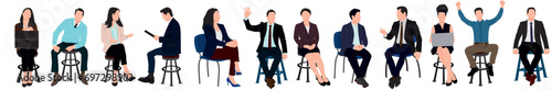 Diverse Business people sitting, taking part in meeting, business event. Set of Different men, women sitting on  armchair, stool. Inclusive business concept. Vector illustration isolated. photo
