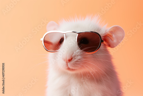 Pet rodents with this charming white fluffy rat in sunglasses, set against a peach and soft pink pastel background.