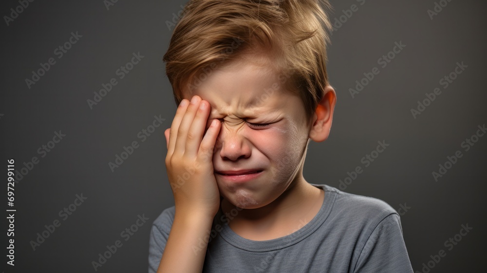 little boy presses hand to cheek, suffers from pain in tooth isolated on gray studio background. Teeth decay, dental problems, child emotions and facial expression little boy presses hand to cheek, suffers from pain in tooth isolated on gray studio background. Teeth decay, dental problems, child emotions and facial expression