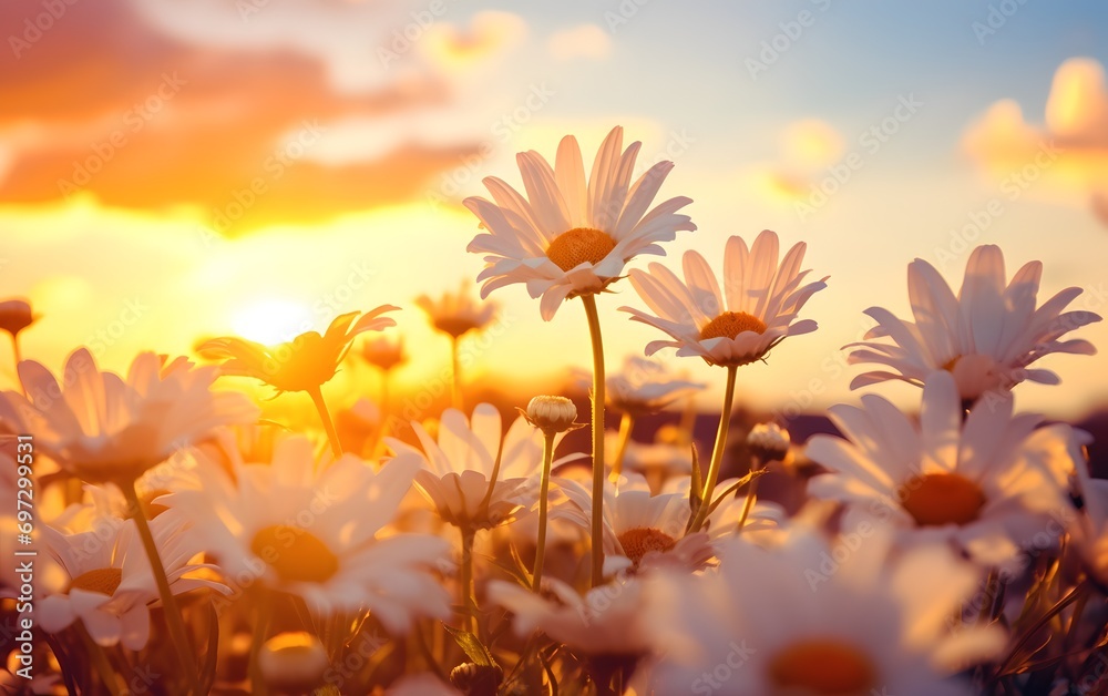 daisy flowers in a field at sunset