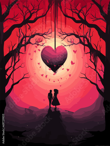 silhouette of a couple in love under tree branches, a big heart above