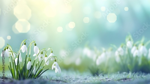 Spring background with white snowdrops on blurred background, copy space