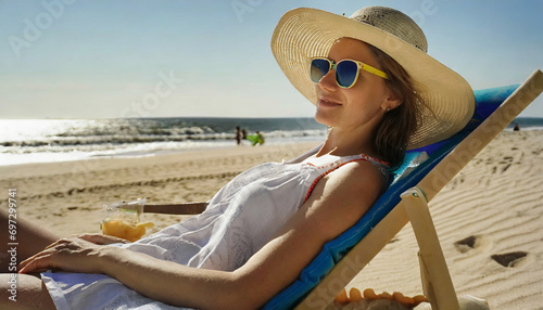 Stylish Summer Vacay: Beautiful Young Woman Relaxing on the Beach