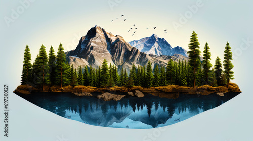 Graphics with flat earth surrounded by contours of trees and mountains
