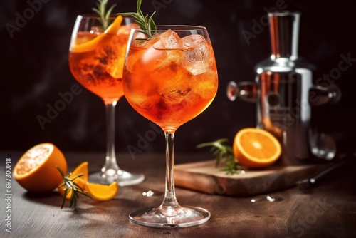 aperol sprits cocktail. Cocktail aperol spritz in big wine glass with water drops on dark background