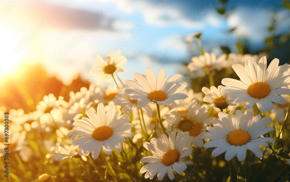 daisy flowers in a field at sunset