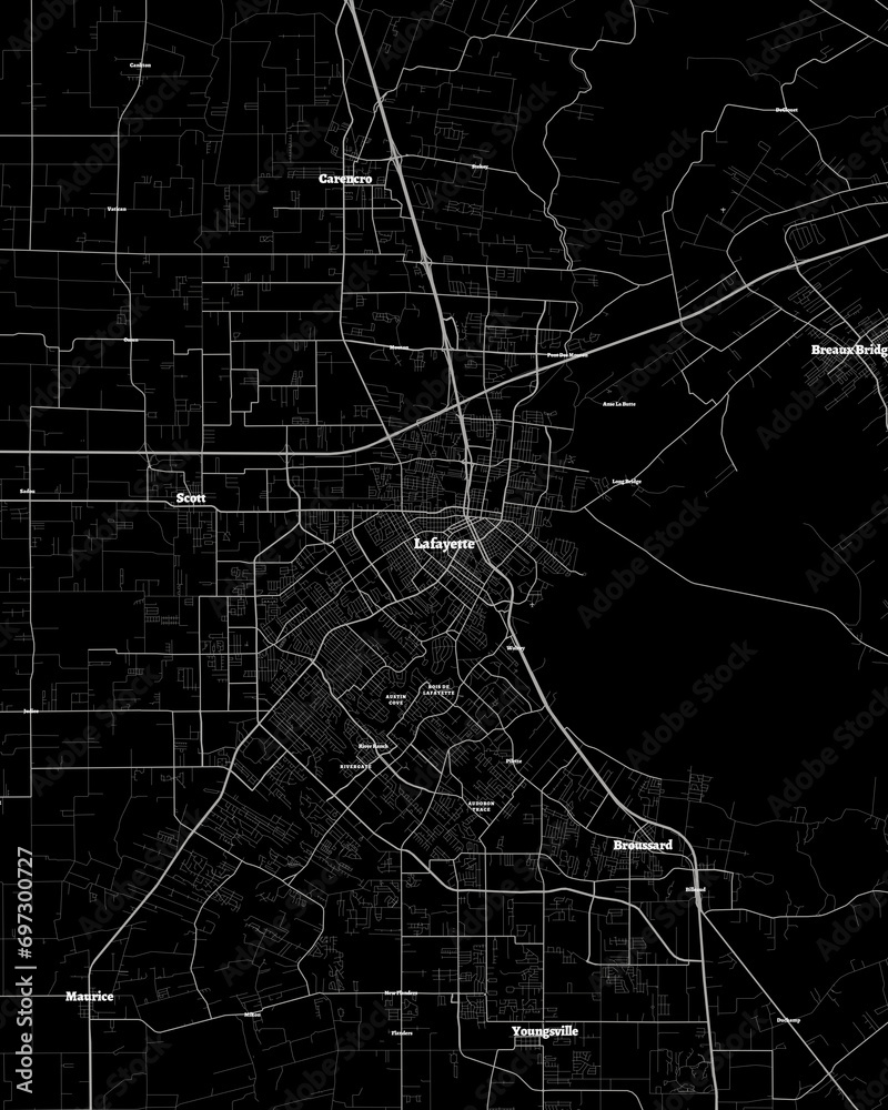 Lafayette Louisiana Map, Detailed Dark Map of Lafayette Louisiana