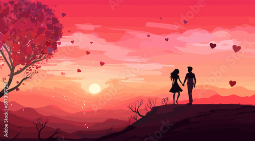 couple in love at sunset on the background of the landscape with flying hearts in the air. vector illustration