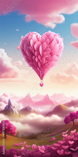 A landscape with a flying balloon in the shape of a heart in pink clouds