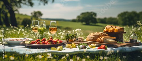Picnic setup with food and drinks on a wooden table in a sunny field