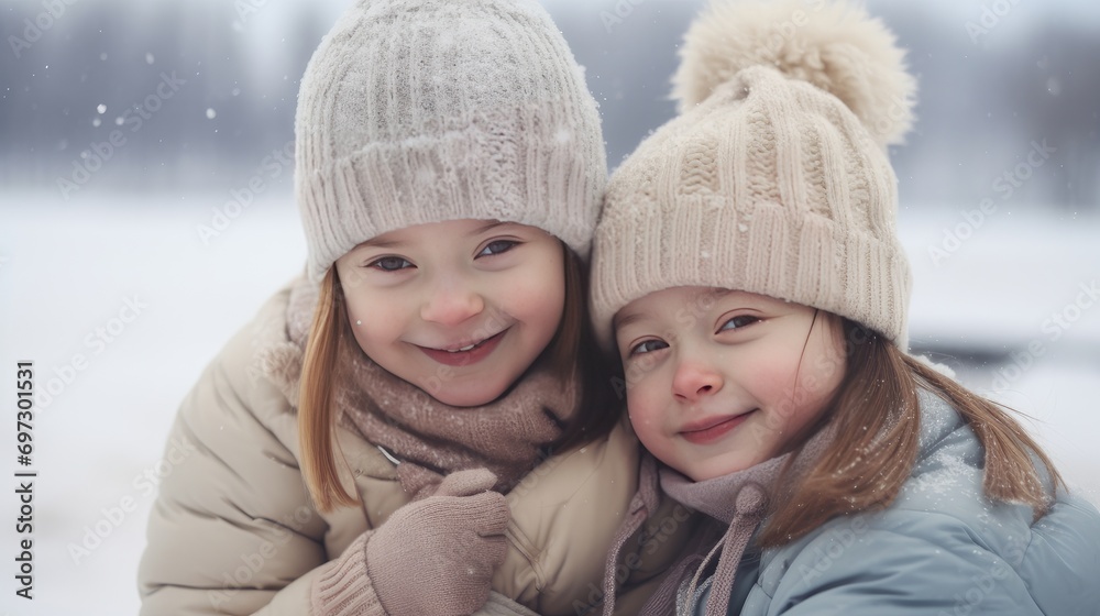 Portrait of Young, beautiful, smiling and happy girls friends with Down syndrome in jackets against the backdrop of a winter, snowy landscape. Portrait of Young, beautiful, smiling and happy girls friends with Down syndrome in jackets against the backdrop of a winter, snowy landscape.