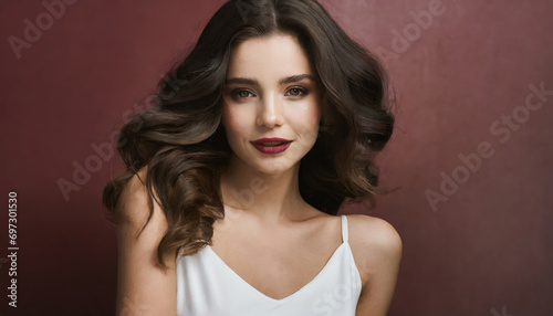 Sensual Studio Portrait of a Young Lady: Glamorous Makeup, Curly Brunette Hair, and Attractive Style © SashaMagic