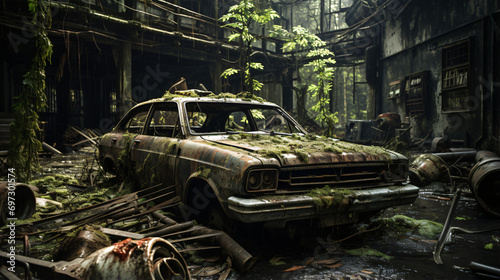 Old mutated car in abandon lost place photo