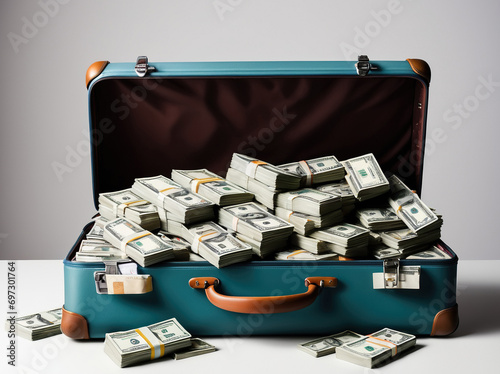 Open case with lots of money. Open suitcase with stacks of dollars