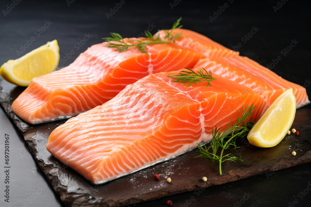two pieces of salmon on a slate board with lemon wedges two pieces of salmon on a slate board with lemon wedges