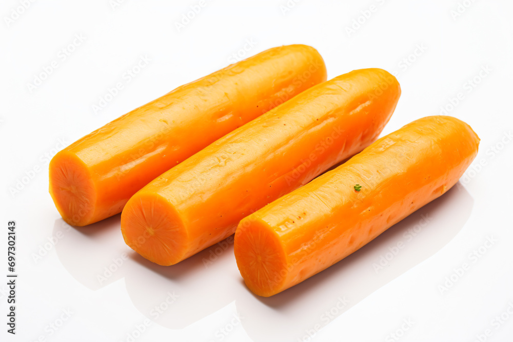 three carrots are sitting on a white surface three carrots are sitting on a white surface