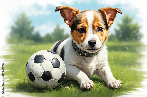 cute Jack Russell puppy and soccer ball. dog plays football © Olena