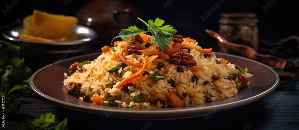 Oriental pilaf with a pleasant aroma, served on a plate. - obrazy, fototapety, plakaty 