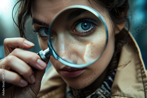 Young woman looking through a magnifier