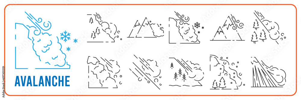 Snow natural avalanche or snow slide disaster line icon set. Winter vector white background
