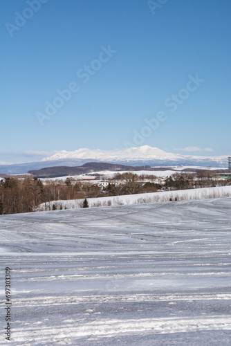 冬の晴れた日の融雪剤がまかれた畑と雪山 大雪山 