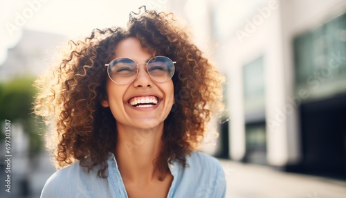 happy young woman wearing glasses showing toothy smile at camera photo
